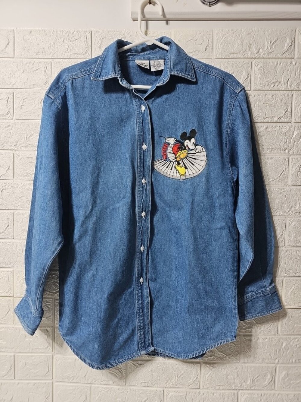 Denim Mickey Mouse on ThePiano, embroidered Jean Shirt Adult Size Small Disney